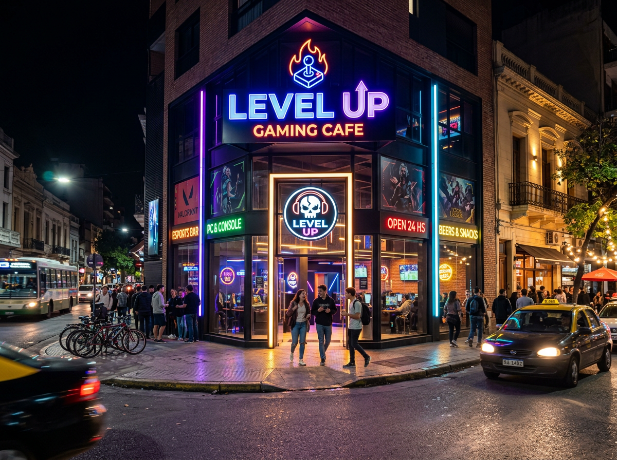 Exterior nocturno de OyunZone Buenos Aires con letreros neon